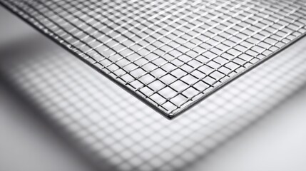 A fine wire mesh suspended above a white surface, casting a soft, overlapping grid shadow.