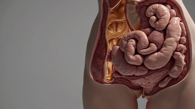Detailed female abdominal organs anatomical model demonstrating realistic inflation and deflation dynamics against pristine white background, highlighting intricate physiological processes