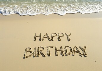 Happy Birthday Message Written in the Sand on a Beach. Generative Ai