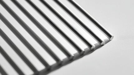 Fototapeta premium A series of thin metal rods arranged in a vertical grid, casting long, parallel diagonal shadows on a smooth white surface.