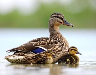 Fototapeta premium Mother duck and ducklings on water (1)
