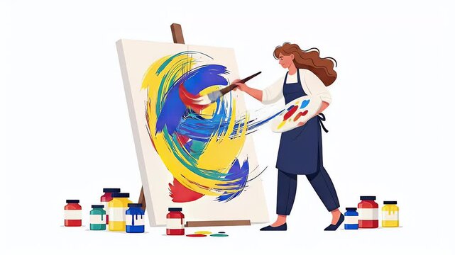 Woman artist painting abstract art at easel flat illustration style