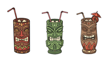 Set of tiki mugs with colorful designs for tropical cocktails on transparent background