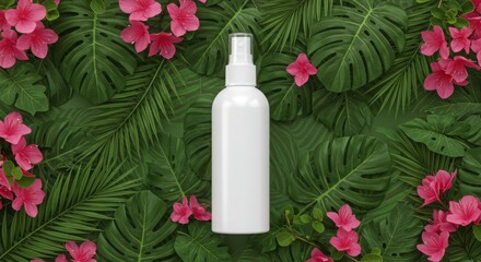 White spray bottle mockup, tropical leaf pattern background, lush green and pink, natural