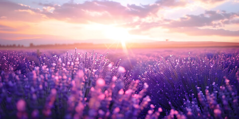 Sunset over lavender field with vibrant purple flowers in full bloom

