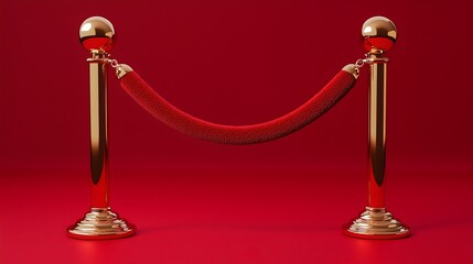 Elegant red velvet rope barrier with golden stanchions on red background, symbolizing VIP access, exclusivity, luxury event, restricted area, and celebrity entrance at premium occasions


