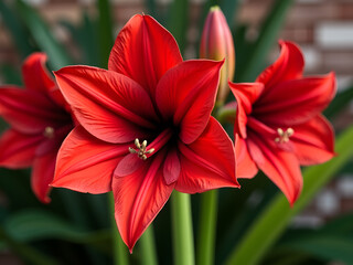 A striking close-up of amaryllis flowers, showcasing their rich red color and intricate petal details.