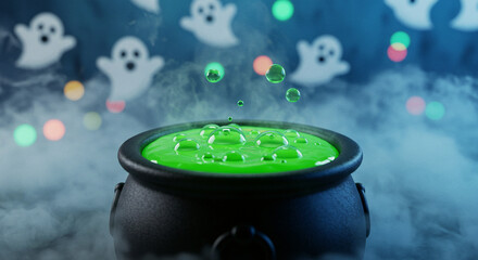 Halloween Green Potion in Black Cauldron with Ghosts and Lights - High-quality stock image for commercial use