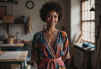 Fashion enthusiast in a textile workshop wearing handcrafted garments