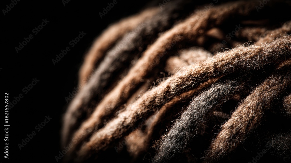 Poster dreadlocks captured in intricate detail against a dark backdrop highlighting texture and color varia