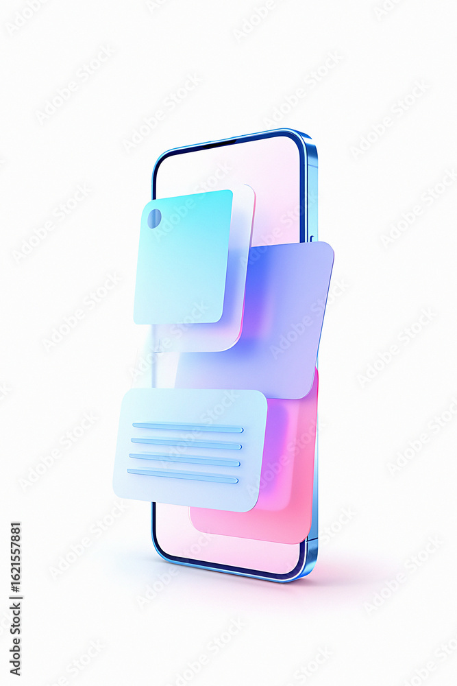 Poster A phone with floating translucent app icons in pastel colors on a white background in studio shot