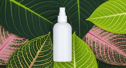 White spray bottle mockup, tropical leaf pattern background, lush green and pink, natural