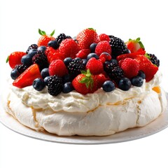Delicious meringue pavlova cake topped with fresh berries isolated on white background