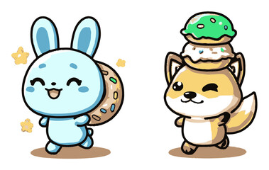 Obraz premium Cute Cartoon Bunny and Fox Characters with Sweet Treats on a White Background