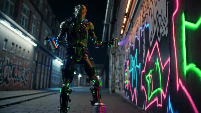Futuristic robot with metallic body and glowing details skillfully creating vibrant graffiti art on a wall in a dark urban alley, using brightly colored fluorescent spray paint