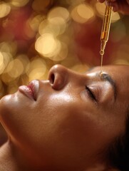 Experience Rejuvenation With a Face Oil Massage Featuring Golden Drops and Warm Bokeh Lights During a Serene Spa Session