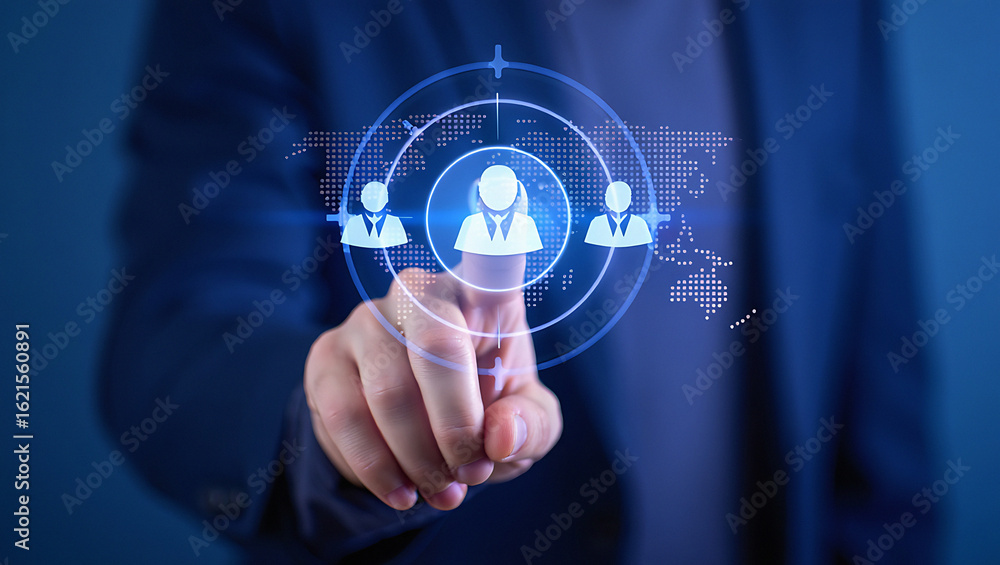 Poster a person pointing at a digital interface with avatars and a world map in the background in blue tone
