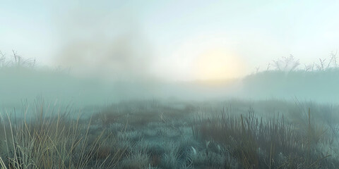 Misty sunrise over a frosty field with silhouettes of bare trees


