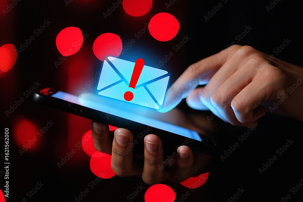 Poster person interacting with a smartphone displaying an email icon with an exclamation mark overlayed
