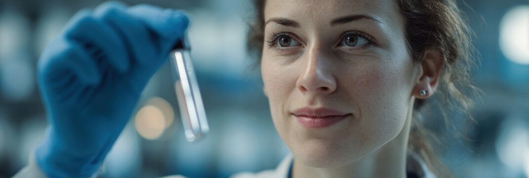 Lab Technician Analyzes Skincare Formula in Glass Tube While Working in a Modern Laboratory Setting During Daylight Hours