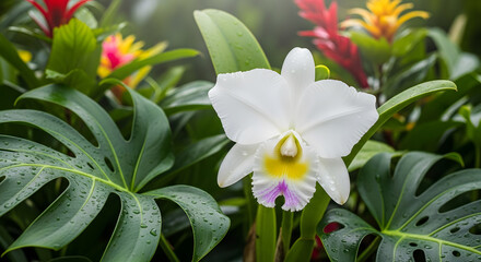 Fototapeta premium A pristine white orchid blooms amidst vibrant bromeliads and monstera leaves, creating a serene tropical scene.