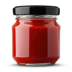 Glass jar filled with red sauce isolated on white background