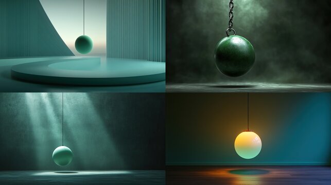 Four panels showcasing a suspended orb, each in a different teal/green-toned environment
