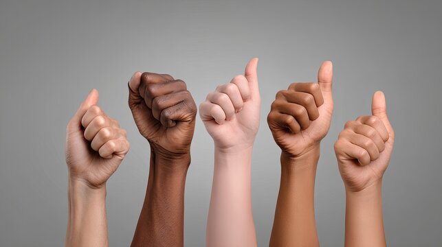 Diverse hands raised, unity, grey background. Image use Equality