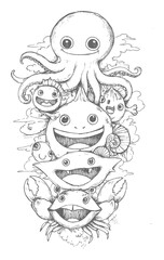 Playful Sea Creatures Doodle Featuring Happy Octopus and Smiling Fish