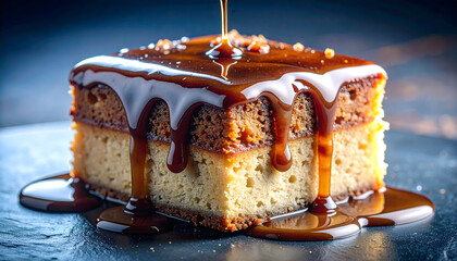 A decadent slice of cake is drenched in rich caramel sauce, creating a mouthwatering dessert.