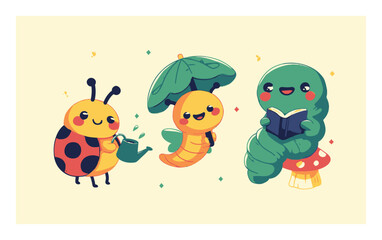 Cute Cartoon Insects with Happy Expressions and Playful Attitudes