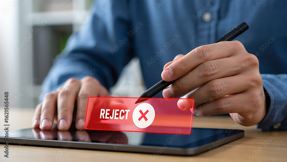 Poster a person rejects a request on a tablet with a stylus touching a red reject button with an x icon