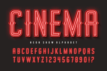 Retro circus alphabet design, cabaret, fairy neon lamps letters and numbers.