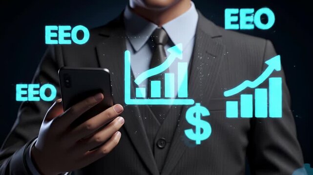 Businessman suit holding smartphone with financial growth chart, dollar and euro symbols, EEO text, digital interface, upward arrow, and bar chart representing economic progress, digital currency