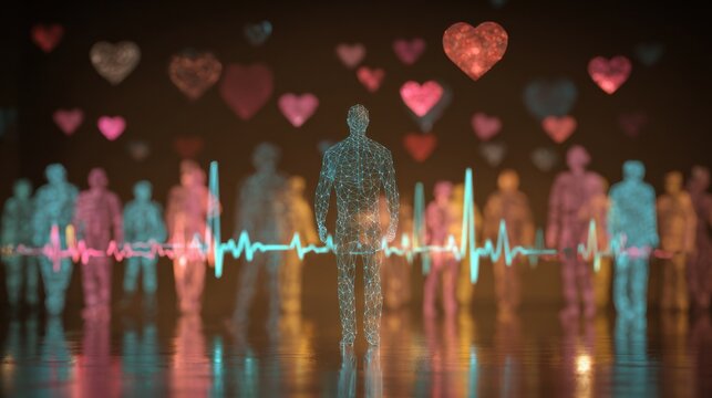 Medium shot of a backlit realityshow figure displaying a detailed Stage4 health graph audience blurred with floating heart icons conveying the bittersweet reality of severe