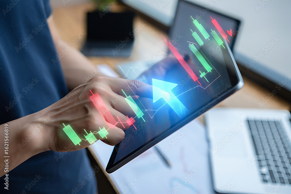 Poster person using tablet displaying stock market graph with an upward arrow overlaying the screen