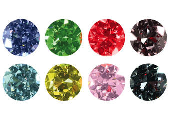 Eight different colored diamonds as isolated vector objects and 8 layers created by 3D modeling diamonds IOR and Abbe value.