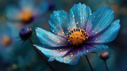Glittering blue cosmos flower in starry night.