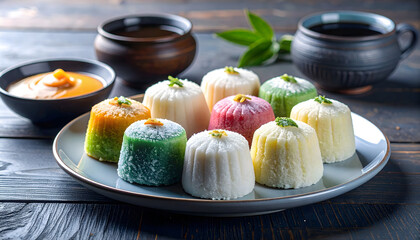 A plate of colorful Korean rice cakes, with tea and sauce, presented on a dark wooden table.