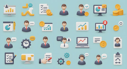 Fototapeta premium Collection of 3D Business Icons Management Finance and Communication.