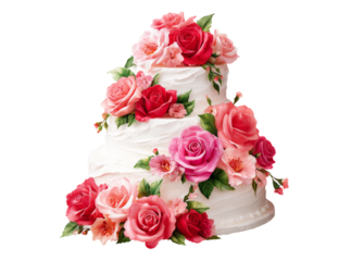 Elegant three tiered wedding cake adorned with roses. Isolated On Transparent Background