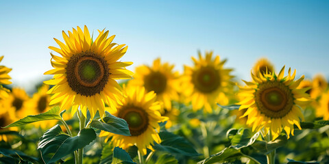 Sunflowers blooming under a vibrant clear blue sky

