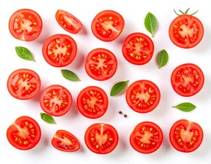 Fototapeta premium Sliced tomatoes and basil on white background