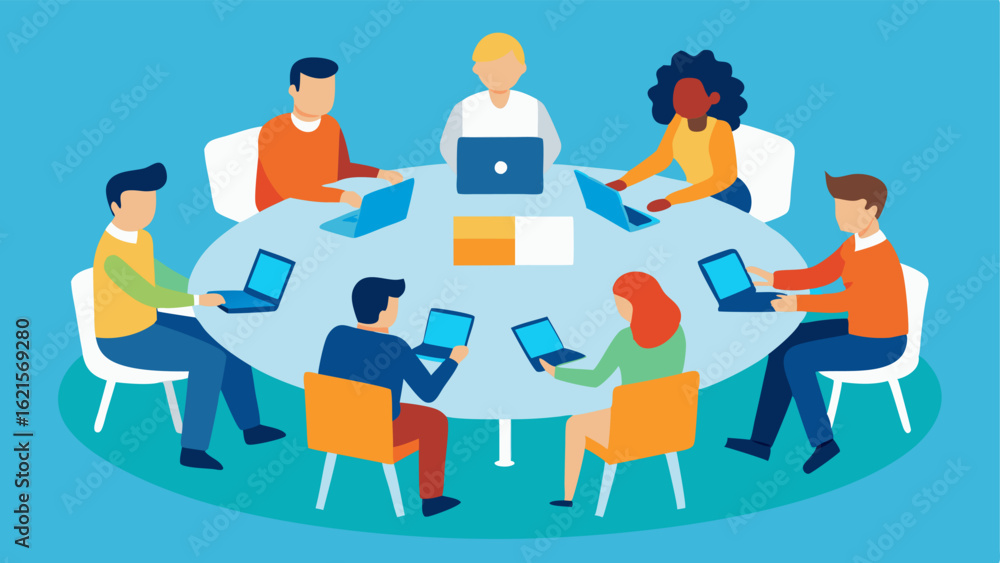 Poster collaborative workspaces a group of diverse individuals collaborating at a round table with movable 