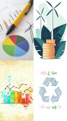 Obraz premium Financial analysis and sustainability concepts. Charts, graphs, pie chart, pen, wind turbines, coins, growth, recycling