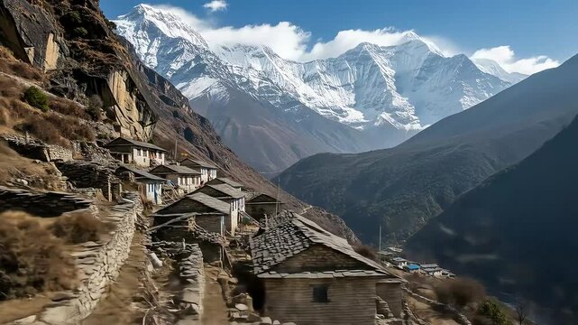 Scenic Mountain Village Landscape in Nepal with Snow Capped Peaks and Traditional Houses