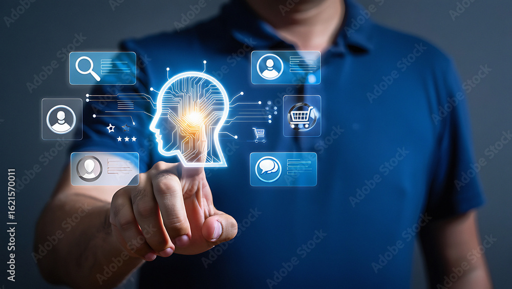 Aufkleber man interacting with digital interface featuring ai head and various application icons on a dark bac