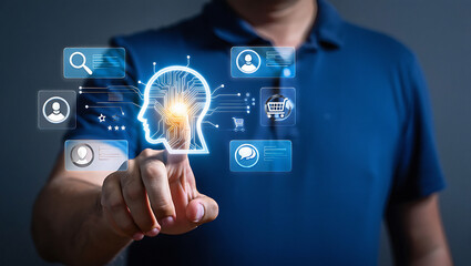 Man interacting with digital interface featuring ai head and various application icons on a dark background