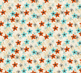 Retro Floral on Beige Bark Cloth Seamless Repeat