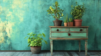 Cozy Vintage Corner: Retro Furniture with Green Potted Plants on Side Table